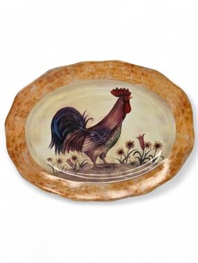 Oval Ceramic Rooster Tray Platter Farmhouse Country Decor